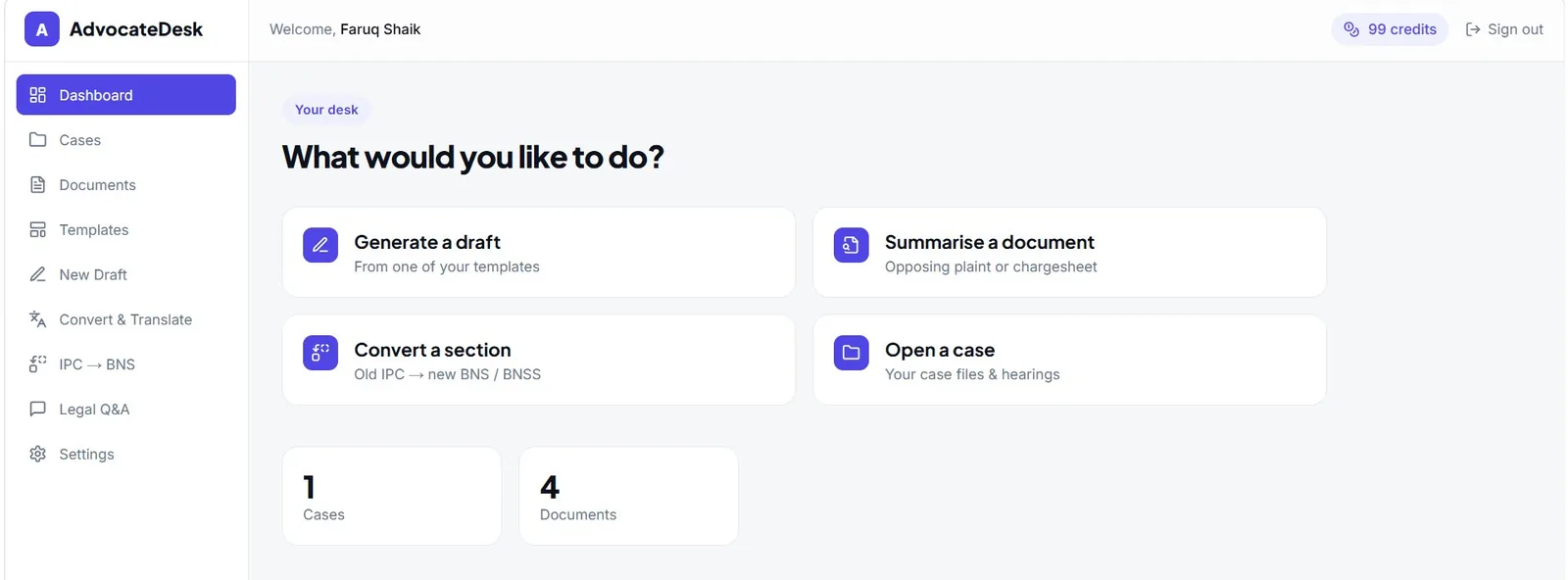 AdvocateDesk dashboard \u2014 cases, drafting and documents in one workspace